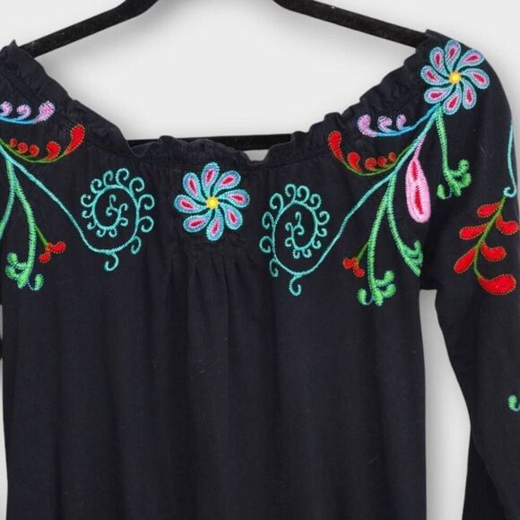Johnny Was Womens Dress Sz XS Black Red Embroidery Off Shoulder Bohemian Swiftie - Picture 4 of 12